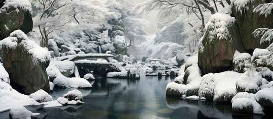 In Japan the winter landscape is a beautiful combination of white snow green plants and icy rocks creating a picturesque backdrop for nature s splashes of water and delicate snow covered lea - obrazy, fototapety, plakaty