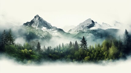 double exposure of misty morning in the mountains