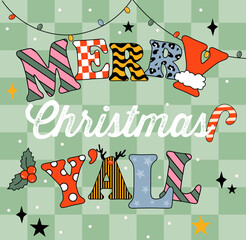Christmas greeting card. Christmas vibes. Card in trendy retro cartoon style. Template postcard christmas groovy poster.