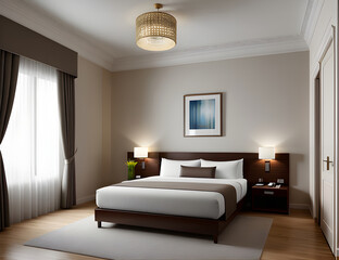 Ultra realistic detailed hotel villa room shot.