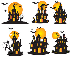 Halloween castle illustration. Halloween haunted house set isolated on white background. Halloween spooky castles and houses vector set.  Vector illustration. Halloween silhouette house collection.