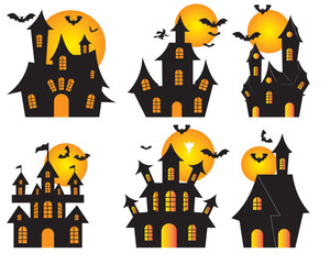Halloween castle vector, icon. Halloween haunted house set isolated on white background. Halloween spooky castles and houses vector set.  Vector illustration. Halloween silhouette house collection.