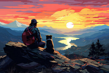 hiker sitting on the top of rocky mountains with his pet, cute dog. Scenic view of valley against red sunset sky. Travel, vacation concept. Watercolour illustration