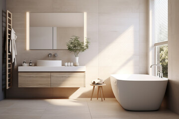 Fototapeta na wymiar Sunny bathroom interior with white tub and window. Stylish white sink in modern bathroom interior