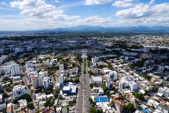 Beautiful aerial view of the city of Santo Domingo - Dominican Republic with is Parks, buildings, suburbs ,turquoise Caribbean ocean, parks and malecon