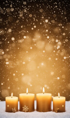 Empty golden template with set of candles outdoor with snowing for text
