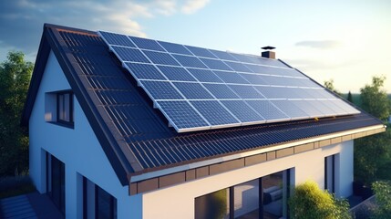 Aerial view of solar panel modules on residential house roof in a European city. Sun panels installed on building rooftop. Renewable energy sources. Eco sunlight power station. Save planet concept.