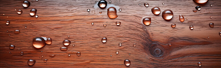 Water droplets on wooden surface.