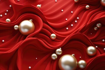 Red silk draped fabric background with gold pearls or randomly scattered shiny spheres. Luxurious decoration element for poster, banner or cover design, 3d vector illustration