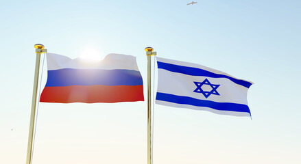 Israel and Russia flags waving against a blue sky. 4K ULTRA HD. 