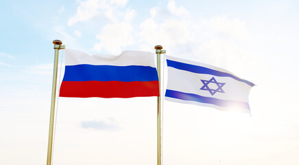 Israel and Russia flags waving against a blue sky. 4K ULTRA HD. 