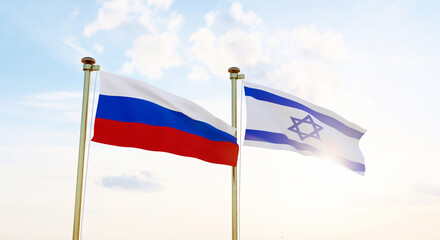 Israel and Russia flags waving against a blue sky. 4K ULTRA HD. 
