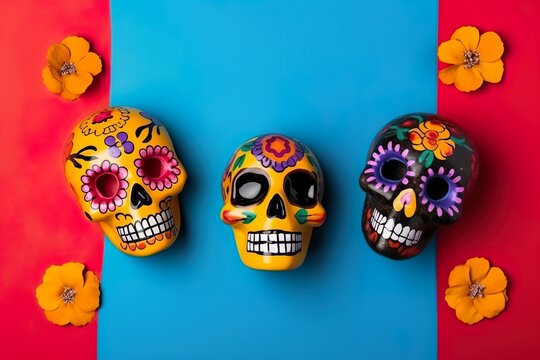 Flat lay Photo skulls and flowers dia de los muertos colorful concept mexican skull designs colorful skull variety 