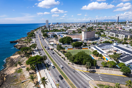 Beautiful aerial view of the city of Santo Domingo - Dominican Republic with is Parks, buildings, suburbs ,turquoise Caribbean ocean, parks and malecon