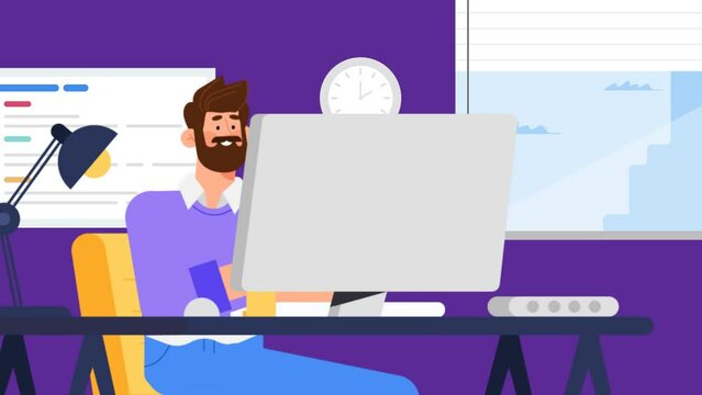 Focused Productivity: 2D Character Animation Video of a Man Working at a Computer or person with a laptop