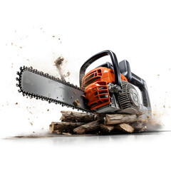chainsaw in action isolated on white background, png - obrazy, fototapety, plakaty