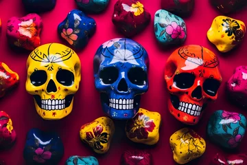 Fototapete Schädel Flat lay Photo skulls and flowers dia de los muertos colorful concept mexican skull designs colorful skull variety 