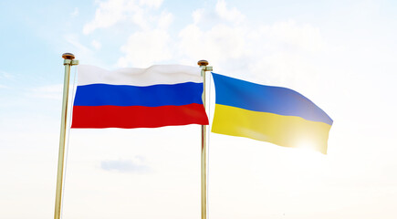 Ukraine and Russia flags waving against a blue sky. 4K ULTRA HD. 