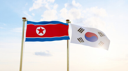 North Korea and South Korea flags waving together on blue sky. 4K ULTRA HD. 