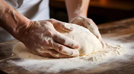 Fototapeta premium Baker's hands kneading dough on a wooden surface, the art of making bread.
