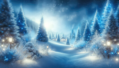 Frozen christmas winter landscape background with snow covered fir trees.
