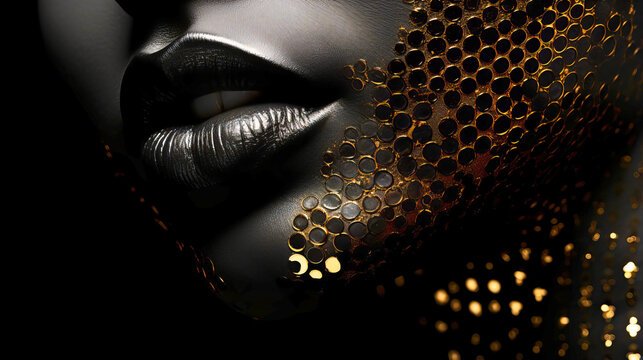 Modern line art face, Abstract minimalistic portrait, Monochrome with gold leaf,