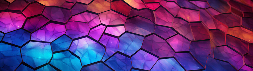 Vibrant hues swirl in a kaleidoscope of abstract art, illuminating the darkness with playful patterns of purple hexagons and bold black edges, texture, banner, background