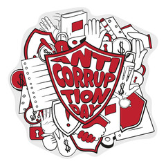 Doodle art design of anti corruption day with shield and corruption icons design