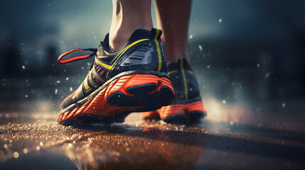 Athlete female runner feet running on road closeup on shoe. Young woman fitness sunrise jog workout wellness concept - obrazy, fototapety, plakaty