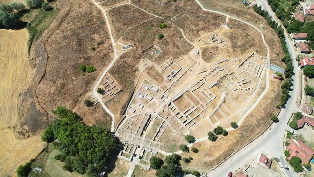 Aerial view of Alacahoyuk Archaeological Site in Corum. 4K Footage in Turkey