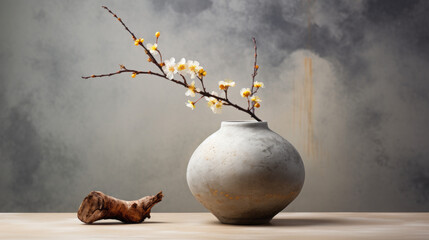 Wabi-sabi Pot With Blooming Flowers Japanese Style
