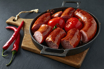 Fried pork sausage cut into pieces and grilled tomatoes on a black cast iron frying pan with cutlery and hot peppers on a black stone table - obrazy, fototapety, plakaty
