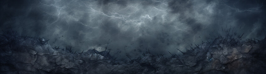 A turbulent sky shrouds the rugged mountain in a thick fog, as nature unleashes its fury with dark clouds and sharp bolts of lightning - obrazy, fototapety, plakaty