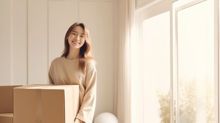 Happy casual asian woman carrying a delivery box that has been packaged for shipping on beige background. Copy space. Beautiful asian woman moving in and holding carton box. Shipping, online order