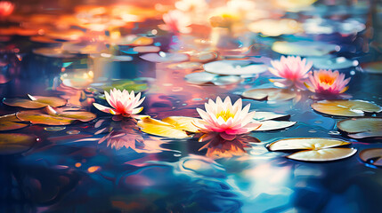 Monet-inspired lily pond, Painterly strokes, Impressionist reflections with water lilies,