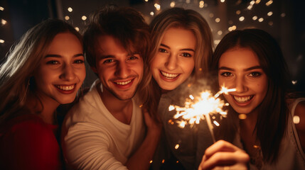 Obraz na płótnie Canvas Friends celebrating Christmas or New Year party with sparklers