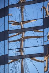 Reflections of wooden mast of old Viking ship, Gothenburg, Sw3eden