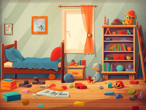 A child's room cluttered with toys. 2D flat illustration