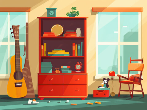 A child's room cluttered with toys. 2D flat illustration