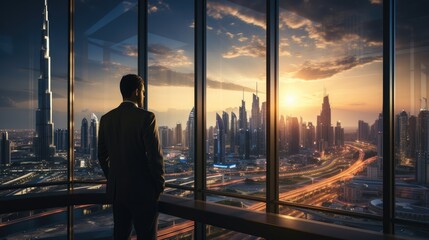 Successful businessman in suit standing in office. CEO looks at big city view through window in office. - obrazy, fototapety, plakaty