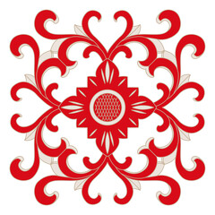 Red white symmetrical floral design pattern. Floral intricate detailed ornate abstract art background. Wallpaper, decoration, graphics, vector, illustration.