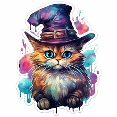 Colorful cat kitten clipart with vibrant color and watercolor texture, for printing design, t-shirt design, sticker, wall art, and POD, isolated on a white background