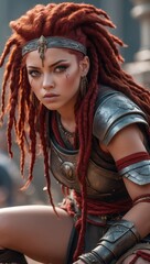 Fototapeta na wymiar A beautiful warrior girl with red hair braided into dreadlocks. 