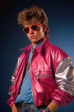 Retro eighties style icon in vibrant jacket and sunglasses, exuding cool confidence and attitude.