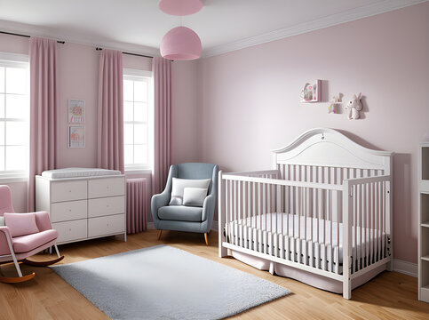 Realistic baby girl room design medium shot.
