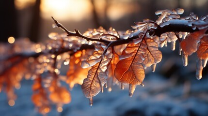 Icicles hang from autumn leaves, the golden hues contrasting with the cold ice, backlit by a soft, wintry sunset.