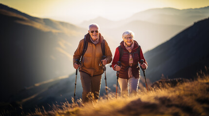 A photo of an elderly couple on a hike up the mountain.