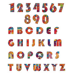 Colorful Bauhuas Trendy Alphabets Numbers. Multicolor Abstract Art Memphis Characters texts typography vector illustration
