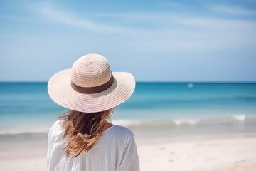 Fototapeta na wymiar back view woman wearing a hat looking at the calm sea and sandy beach