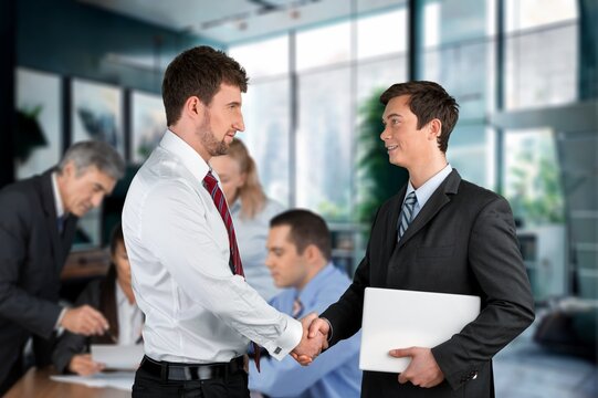 Portrait of cheerful manager business people handshake, AI generated image